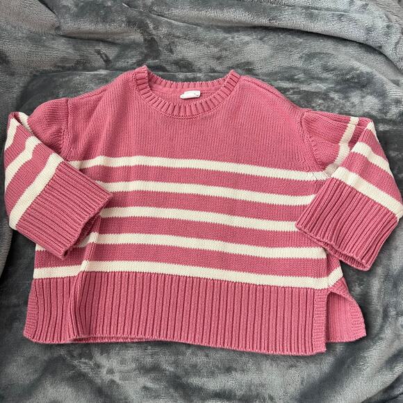 Gap Kids Girl's Dusty Rose and Cream Striped Crew Neck Cotton Sweater - 3 - Picture 3 of 6